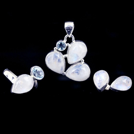 Unika set of earrings, ring, pendant with Moonstone, silver 925