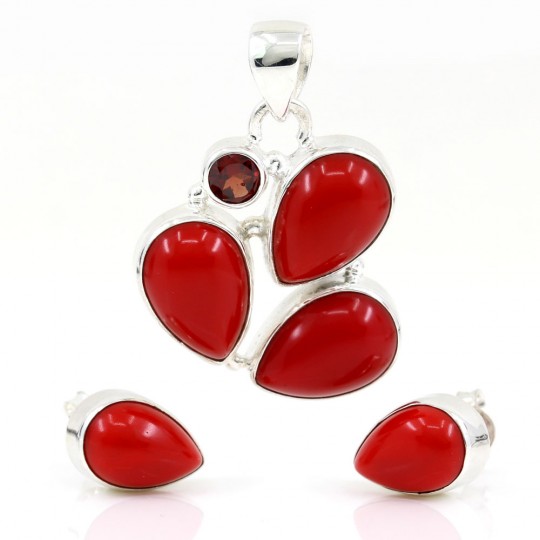 Unika set of earrings, pendant with Red Coral, silver 925