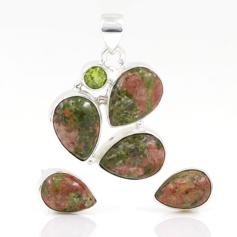 Unika set of earrings, pendant with Unakit and Peridot, silver 925