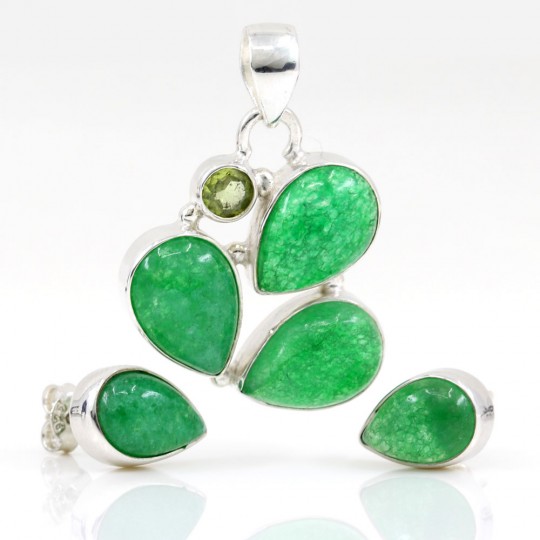 Unika set of earrings, pendant with Green Agate and Peridot, silver 925