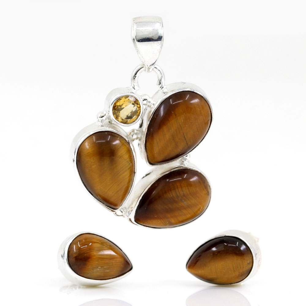 Unika set of earrings, pendant with Tiger  Eye and Golden Topaz, silver 925