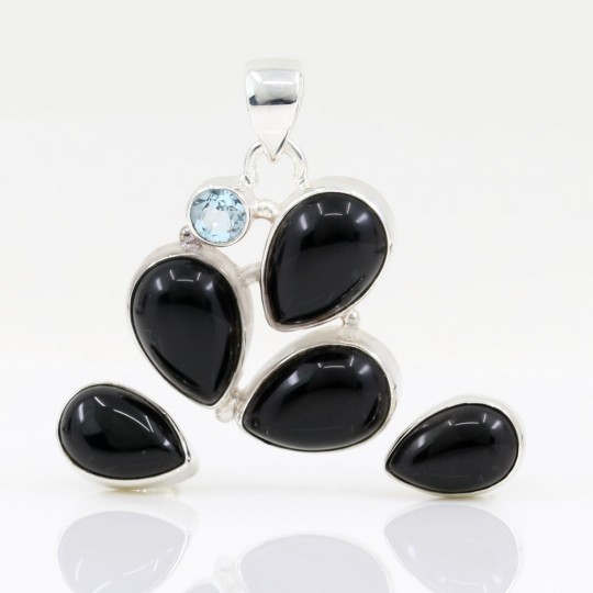 Unika set of earrings, pendant with Onyx and Blue Topaz, silver 925