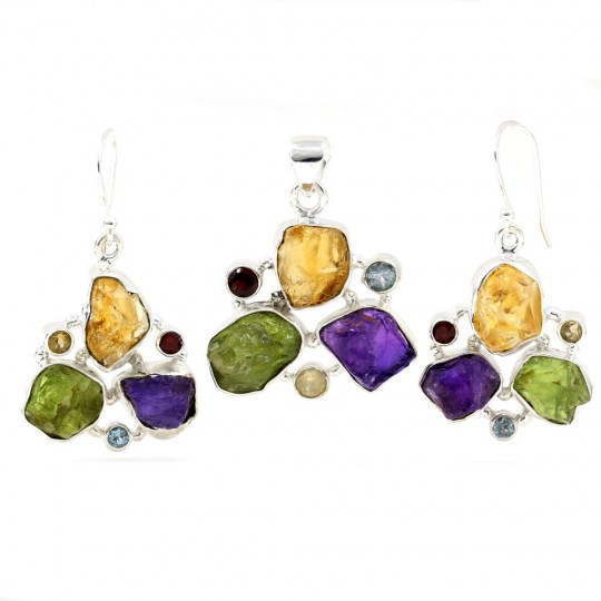 Unika set of earrings, pendant with Citrine, Amethyst, Peridot, silver 925