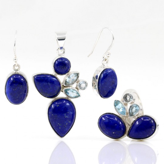 Set Unika cercei, inel reglabil, pandantiv cu Lapis Lazuli si Blue Topaz, argint 925