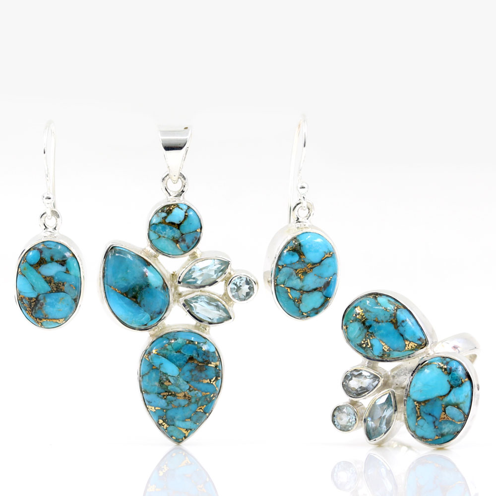 Set Unika cercei, inel reglabil, pandantiv cu Turcoaz si Blue Topaz, argint 925