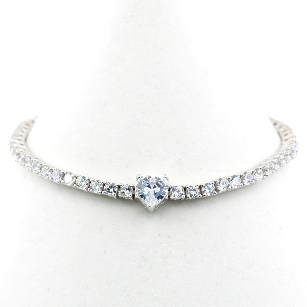 Tennis bracelet - 17cm with Heart link, rhodium-plated 925 silver