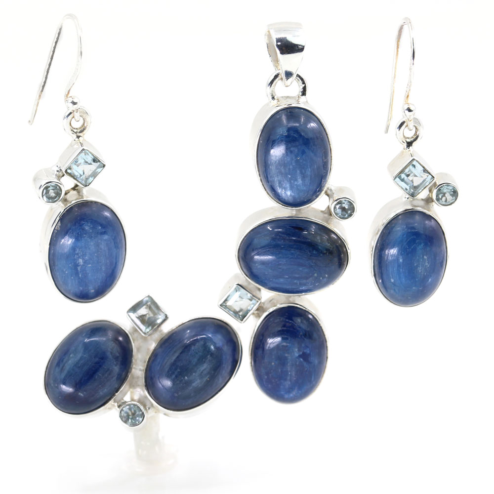 Unika Set of earrings, ring, pendant with Kyanite and Blue Topaz, 925 silver