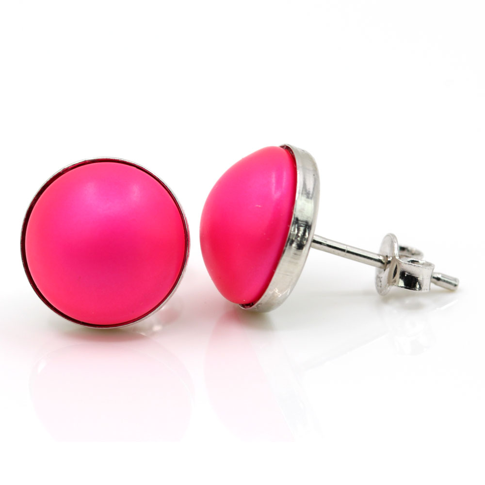 Rhodium-plated 925 silver earrings with Swarovski Neon Pink pearls, 10mm