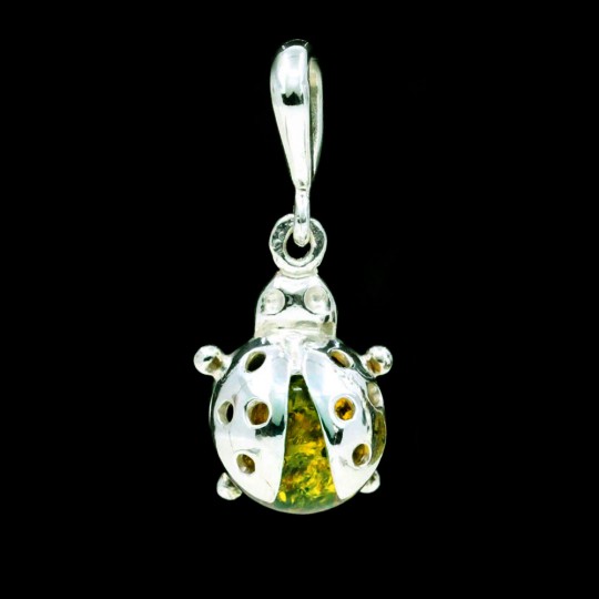 925 silver ladybug pendant with natural topaz amber with natural amber olive green