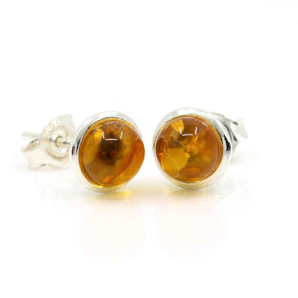 925 Silver Earrings with Natural Amber Yellow, 8mm