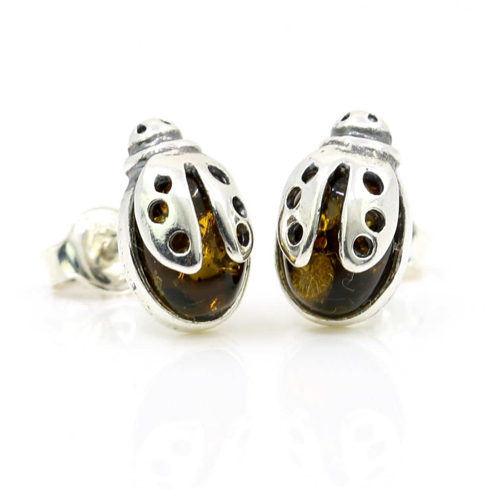 925 Silver Ladybug Earrings with Natural Amber Olive Green, 12x7mm