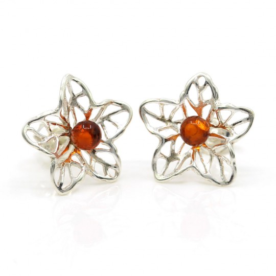 925 silver Flower earrings with natural amber topaz, 15mm