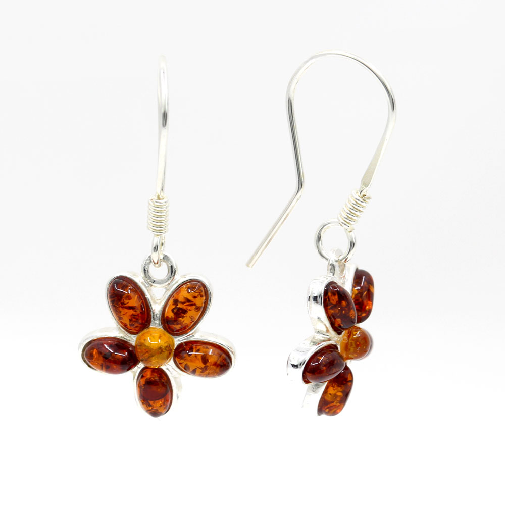 925 silver Flower earrings with natural amber topaz, 32x14mm