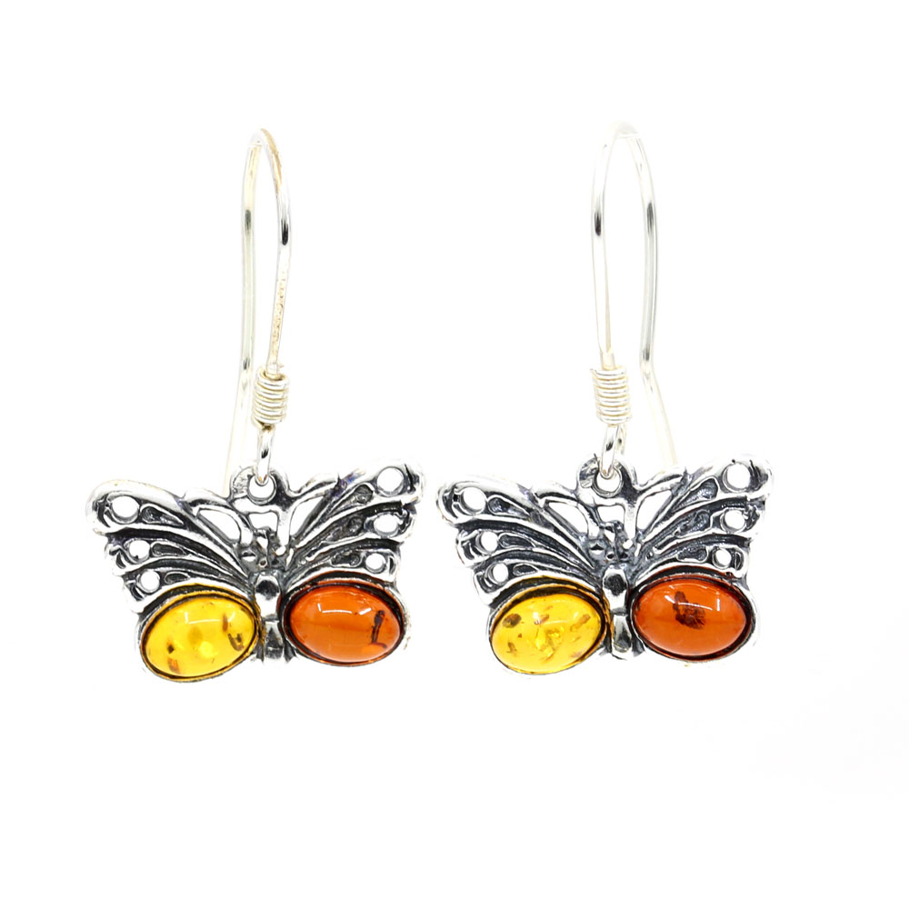 925 silver butterfly earrings with natural amber yellow and topaz, 27x18mm