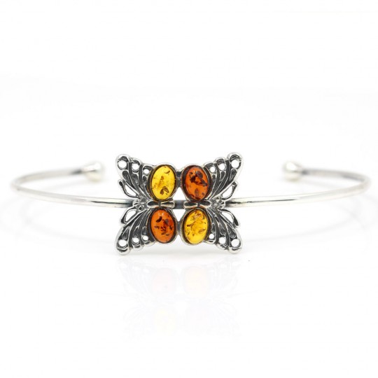 925 Silver Butterfly Bracelet with Natural Yellow Amber and Topaz, 60mm