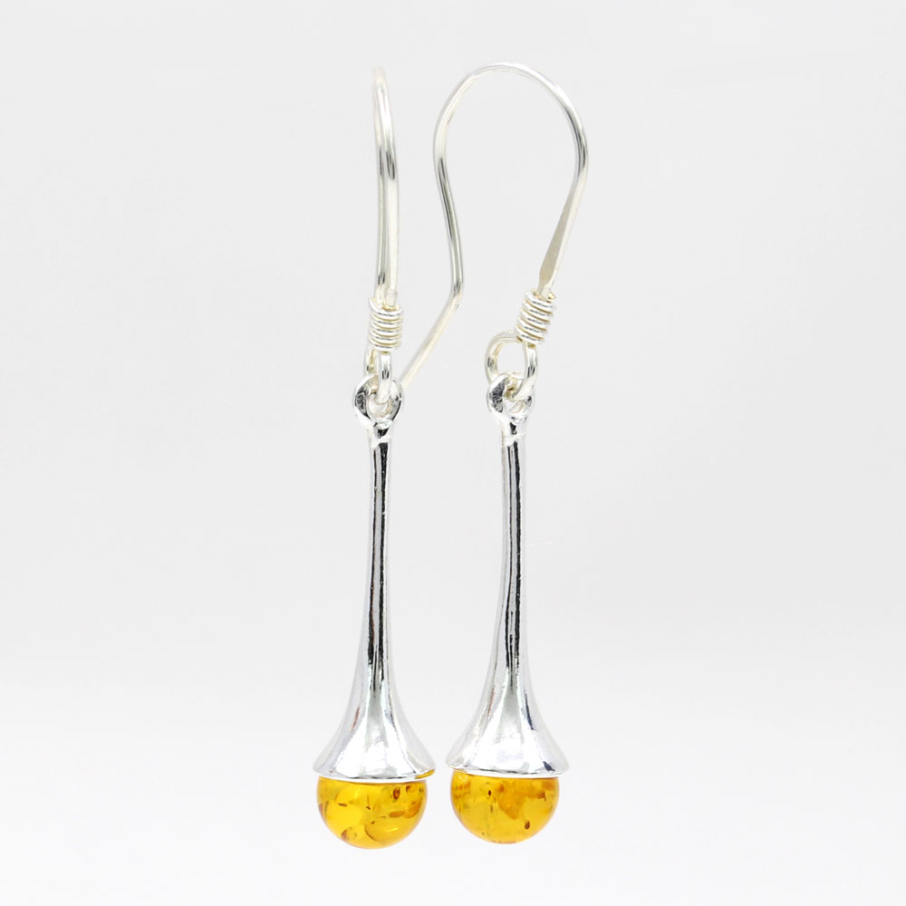 925 Silver Earrings with Natural Yellow Amber, 43x7mm