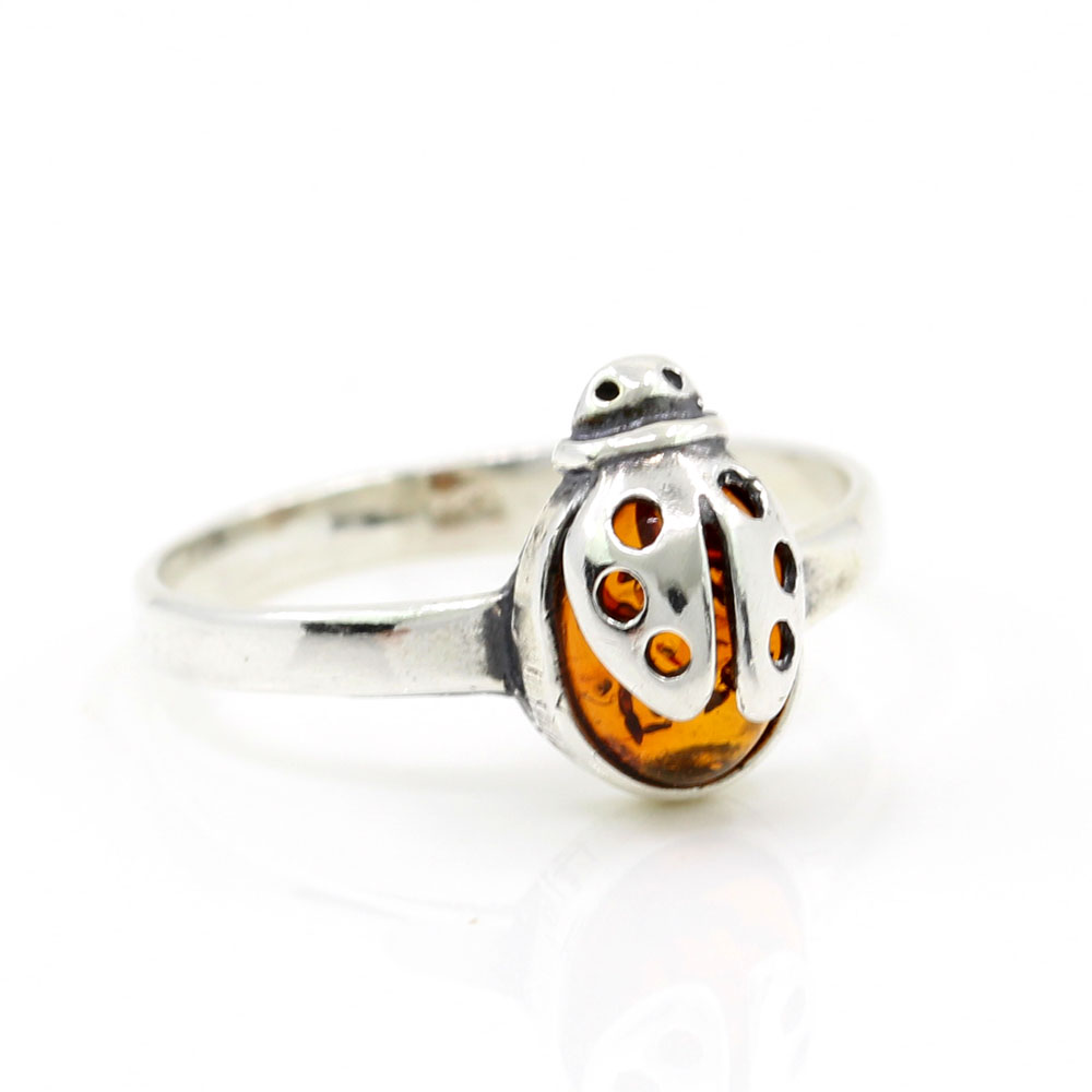 925 Silver Ladybug Ring (55) with Natural Topaz Amber