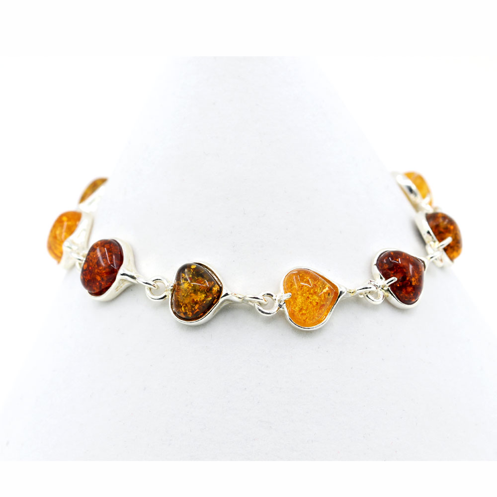 925 silver heart bracelet with natural amber topaz-yellow-olive green, 18cm