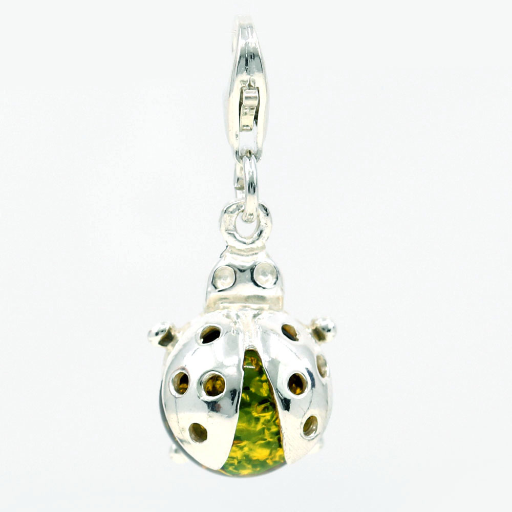 925 silver Ladybug keyring pendant with natural olive green Amber