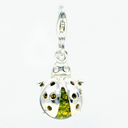 925 silver Ladybug keyring pendant with natural olive green Amber