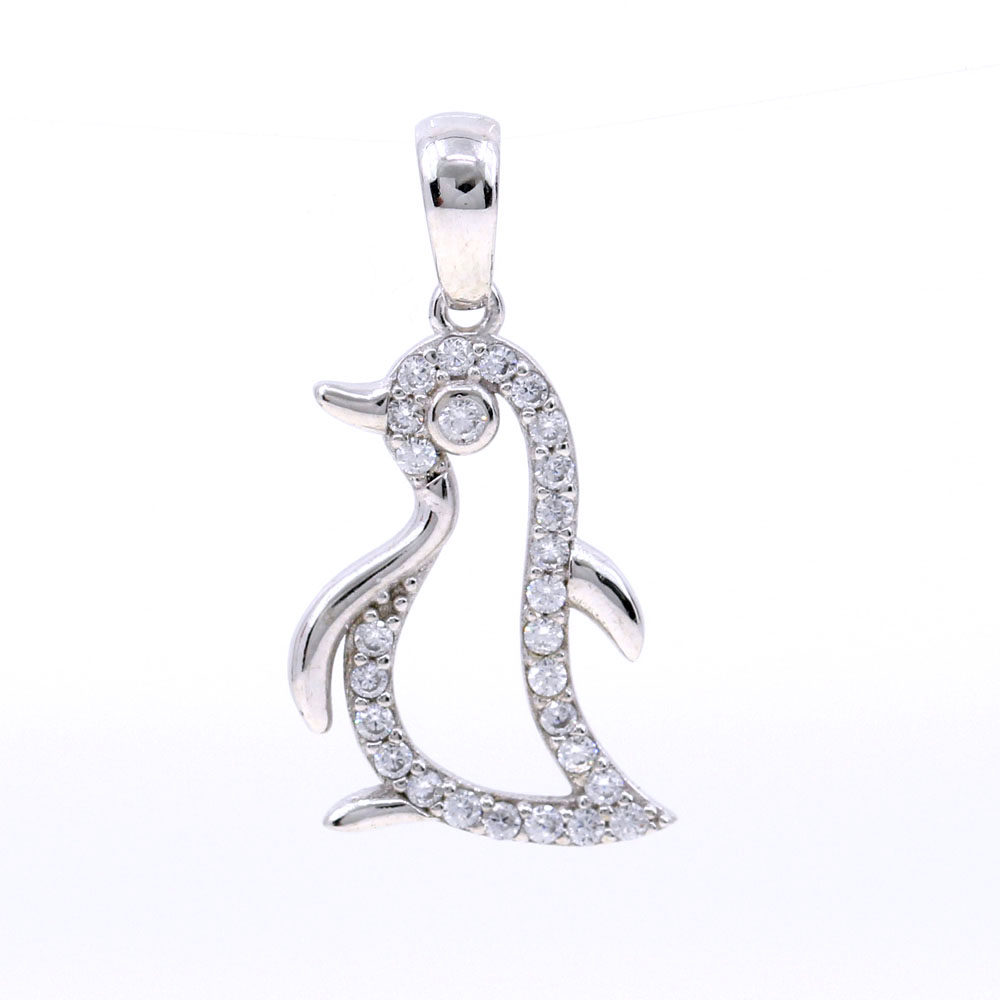 Penguin Pendant with Crystals, 925 Rhodium Plated Silver, 20mm