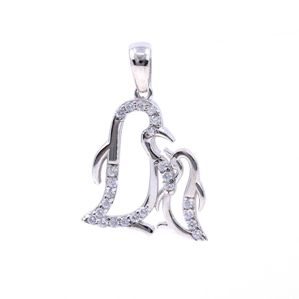 Penguin Pendant with Crystals, 925 Rhodium Plated Silver, 20mm