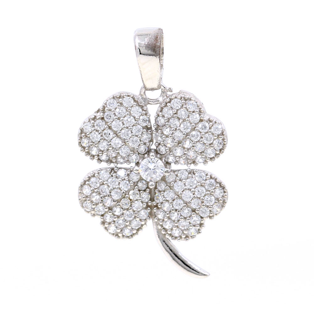 Clover Pendant with Crystals, 925 Rhodium Plated Silver, 21mm