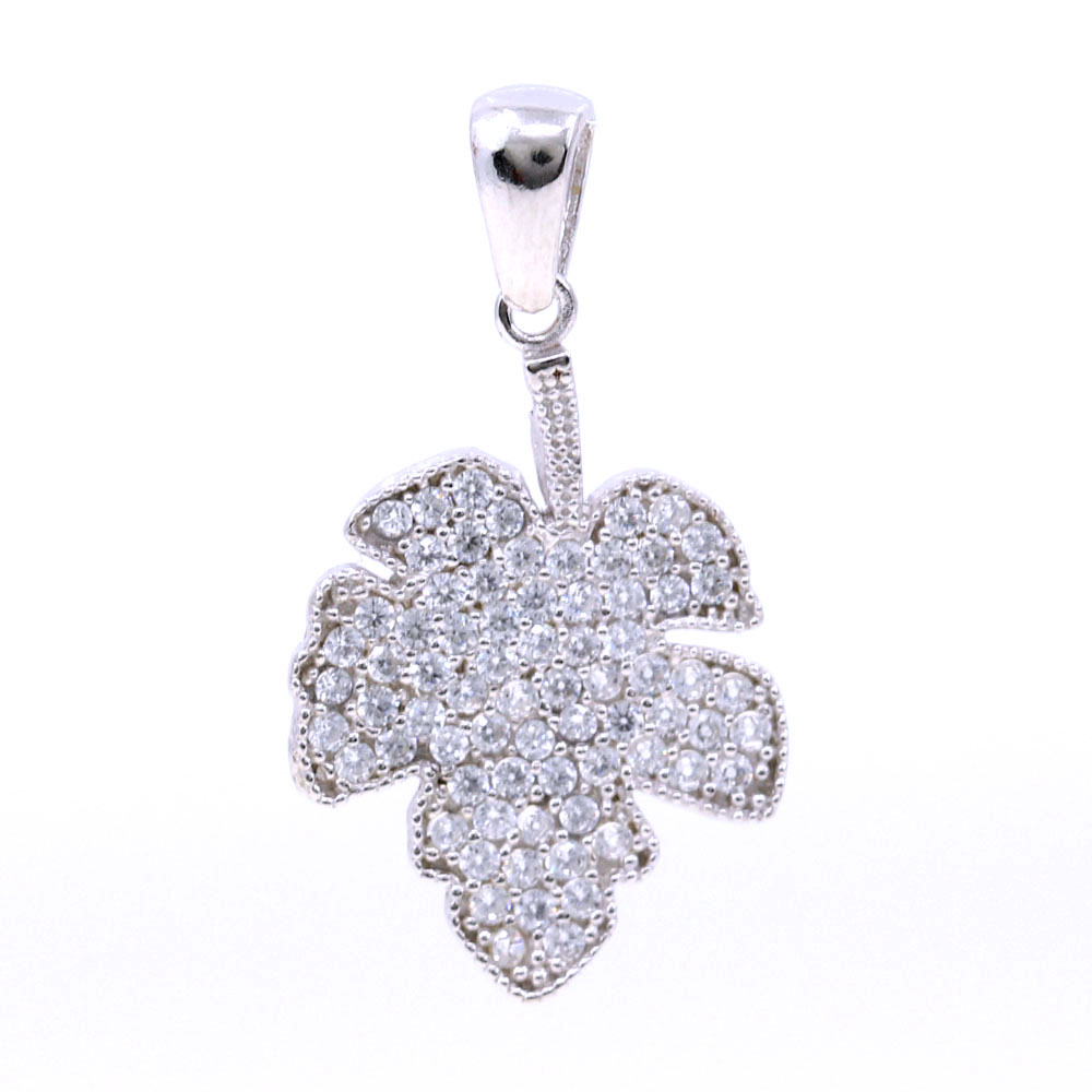 Plantain Leaf Pendant with Crystals, 925 Rhodium Plated Silver, 23mm