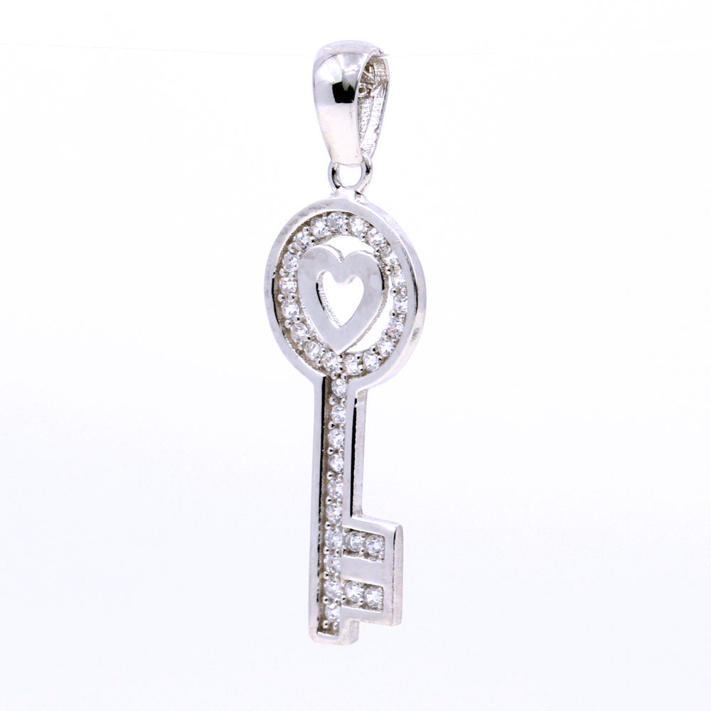 Key Pendant with Heart with Crystals, 925 Rhodium Plated Silver, 26mm