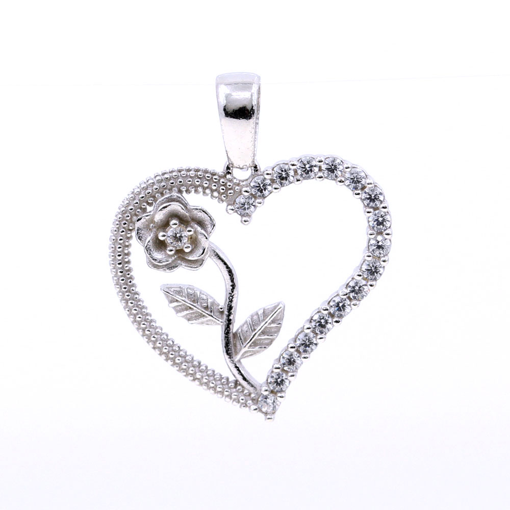 Heart Pendant with Rose and crystals, 925 rhodium-plated silver, 18mm