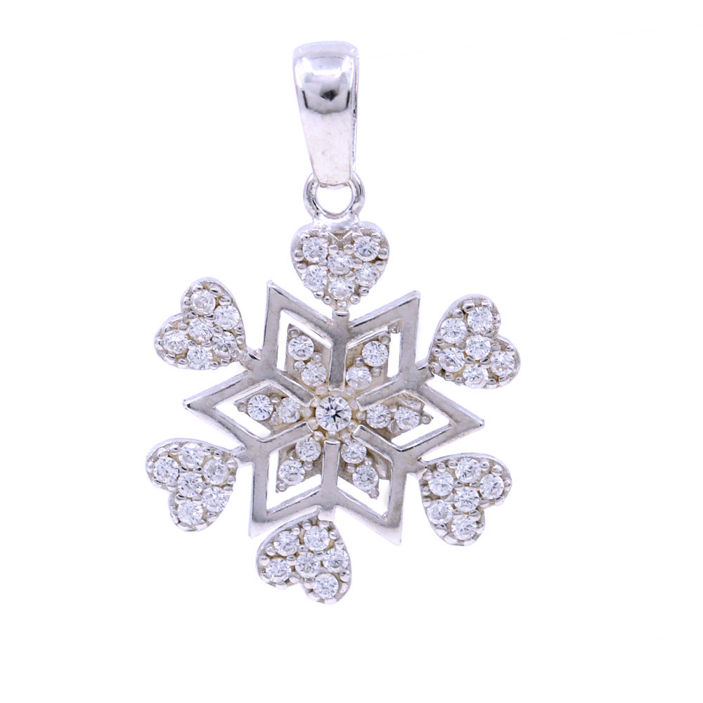 Snowflake pendant with hearts and crystals, 925 rhodium-plated silver, 19mm