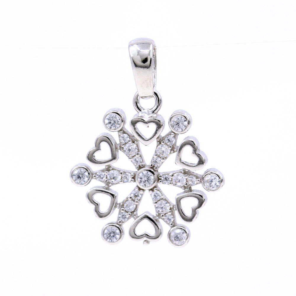 Snowflake pendant with hearts and crystals, 925 silver rhodium plated, 17mm