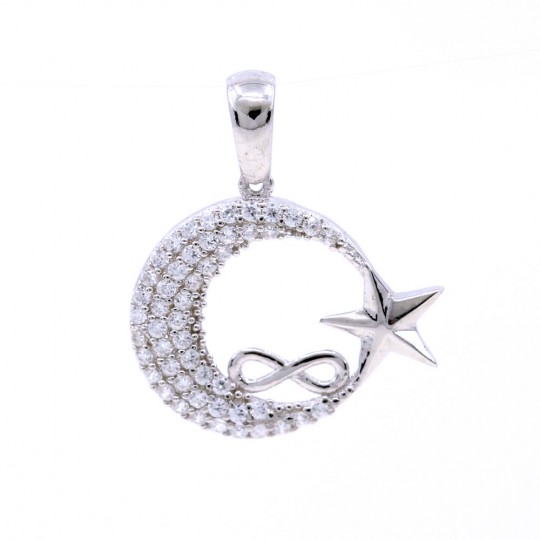 Crescent Moon Pendant with Infinity, Star and Crystals, 925 rhodium plated silver, 16mm