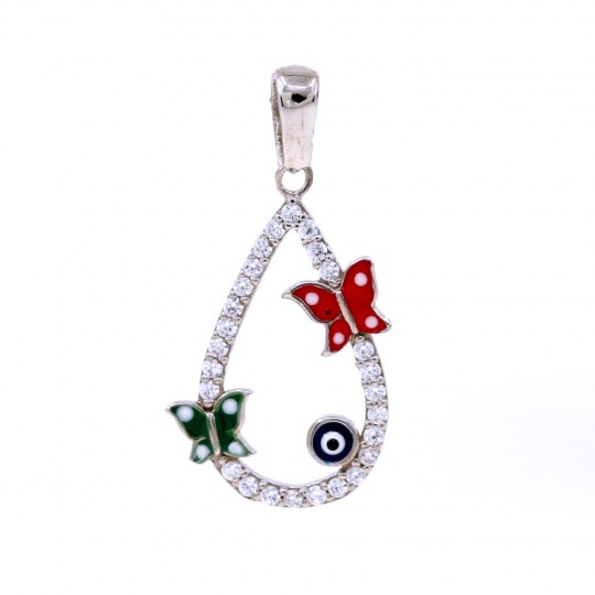 Drop Pendant with Butterflies and Crystals, 925 rhodium plated silver, 22mm