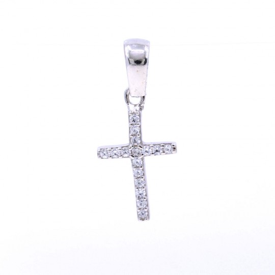 Cross Pendant with Crystals, 925 rhodium plated silver, 15mm