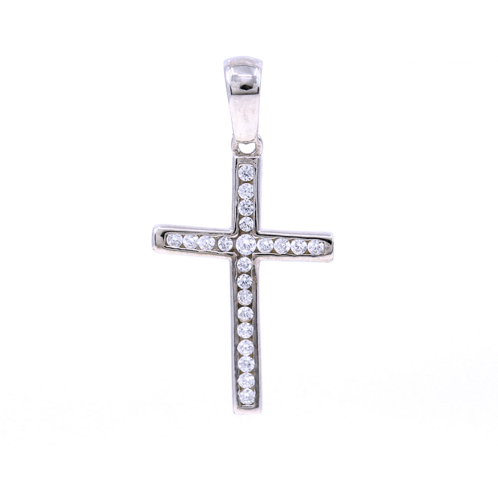 Cross Pendant with Crystals, 925 rhodium plated silver, 21mm