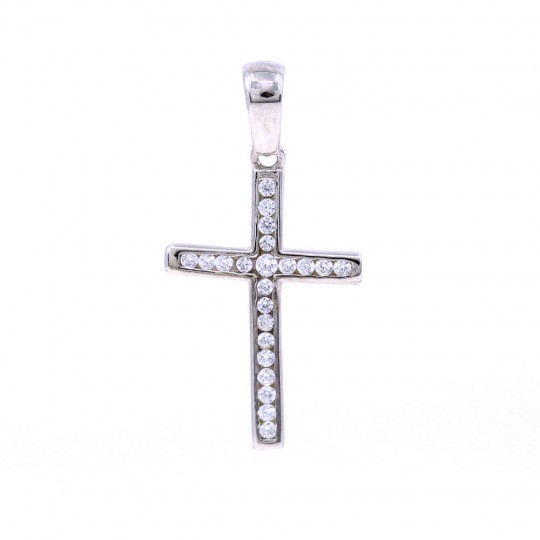 Cross Pendant with Crystals, 925 rhodium plated silver, 21mm