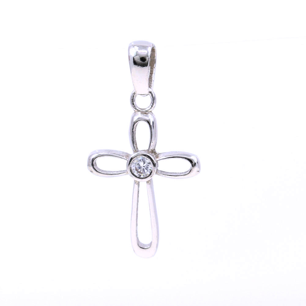 Cross Pendant with Crystals, 925 rhodium plated silver, 21mm