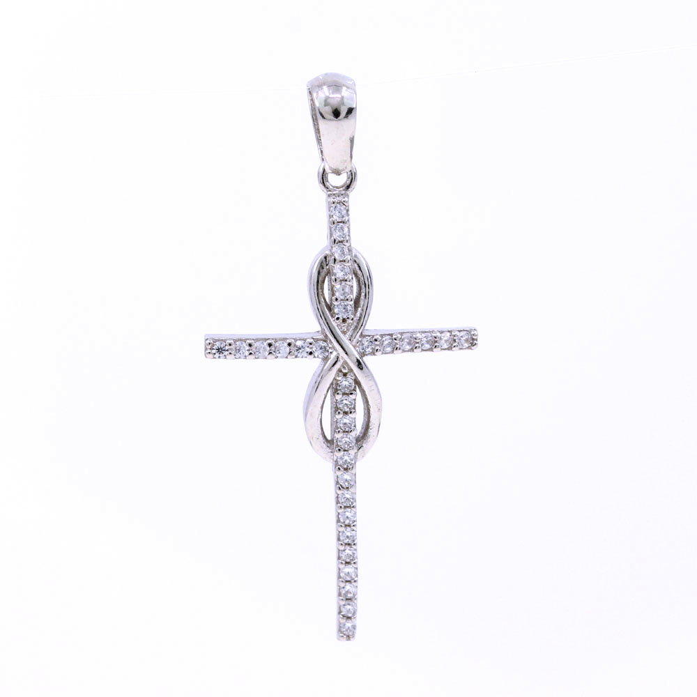 Cross pendant with infinity and crystals, 925 rhodium-plated silver, 31mm