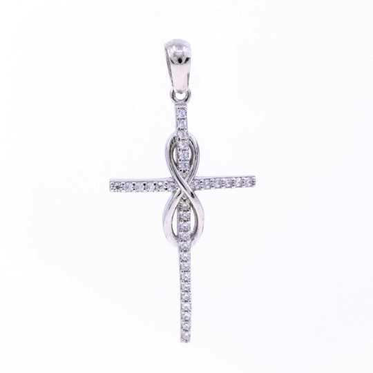 Cross pendant with infinity and crystals, 925 rhodium-plated silver, 31mm