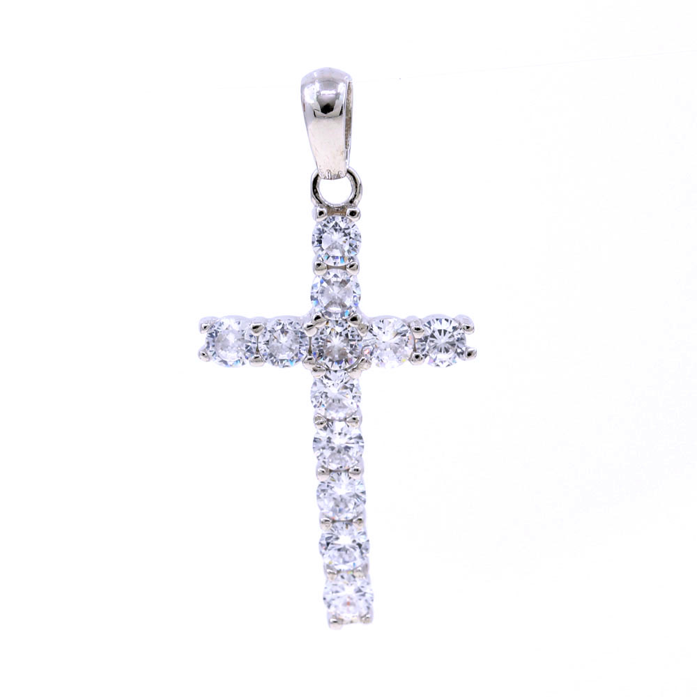 Cross pendant with crystals, 925 rhodium-plated silver, 28mm