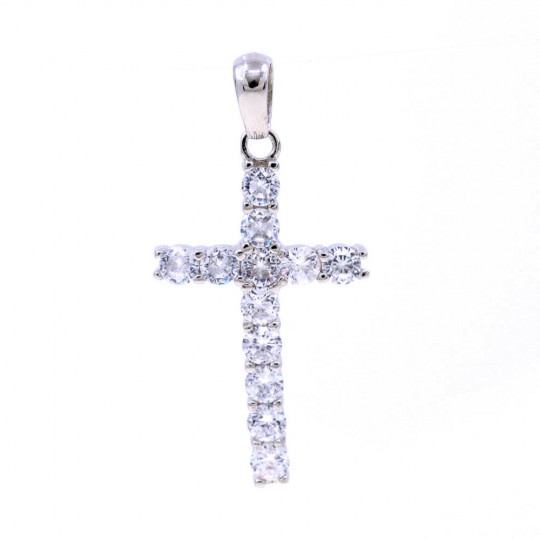 Cross pendant with crystals, 925 rhodium-plated silver, 28mm