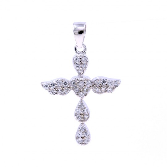 Angel cross pendant with crystals, 925 rhodium-plated silver, 24mm