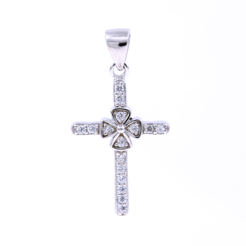 Cross pendant with clover and crystals, 925 rhodium-plated silver, 27mm