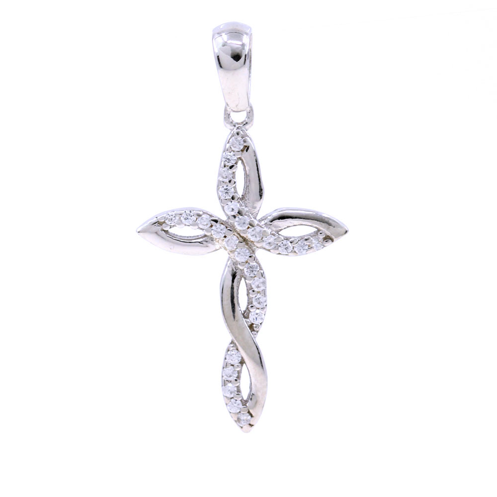 Cross pendant with crystals, 925 rhodium-plated silver, 25mm