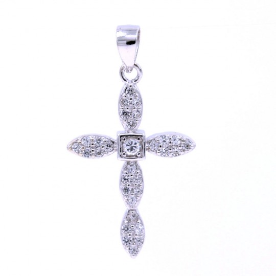 Cross pendant with crystals, 925 rhodium-plated silver, 26mm