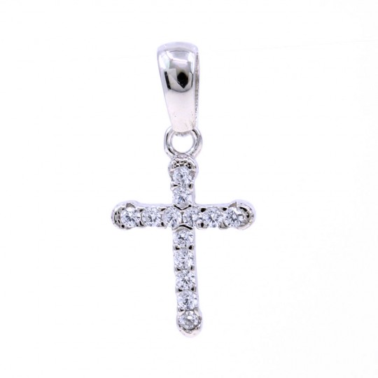 Cross pendant with crystals, 925 rhodium-plated silver, 15mm