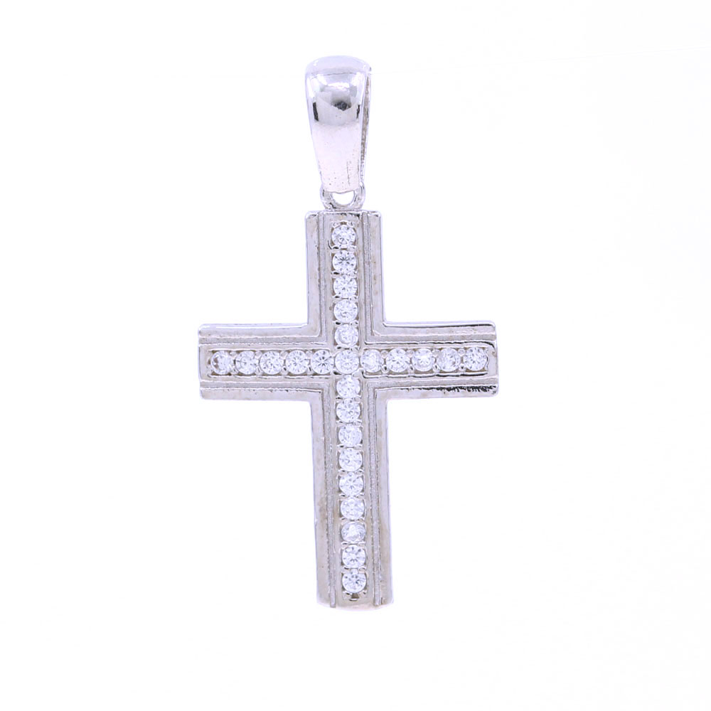 Cross pendant with crystals, 925 rhodium-plated silver, 21mm