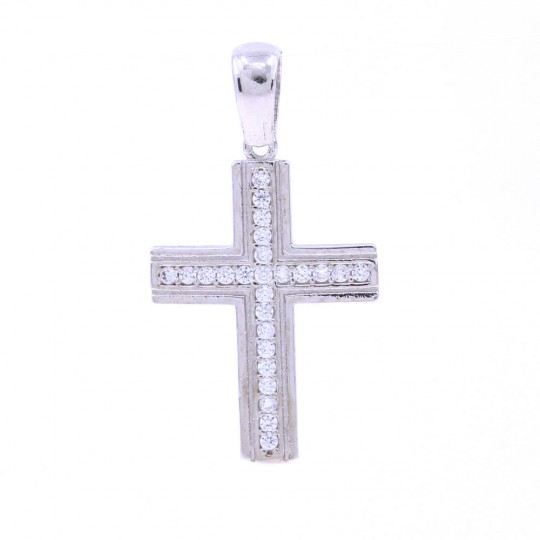 Cross pendant with crystals, 925 rhodium-plated silver, 21mm