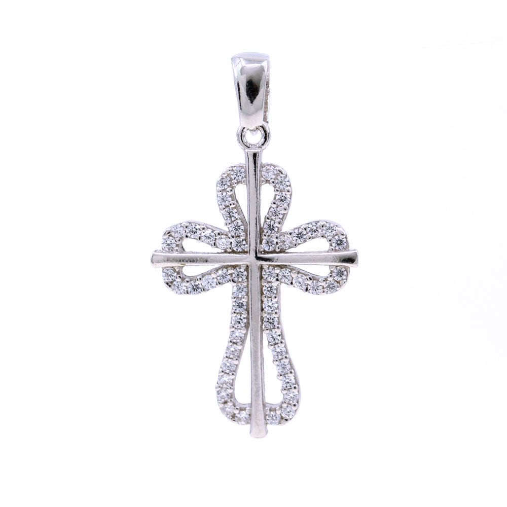 Cross pendant with crystals, 925 rhodium-plated silver, 24.5mm